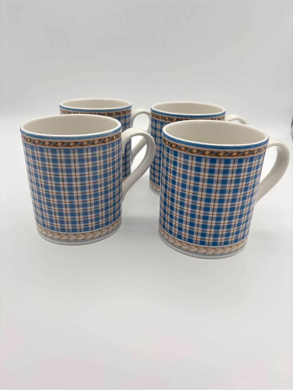 ROYAL DOULTON Studio Provence Bleu Plaid Coffee Tea Mugs Set of 4
